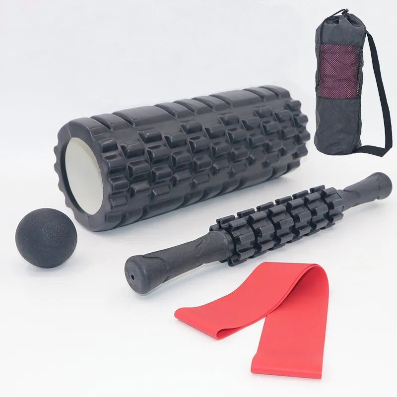 Black six-piece foam roller with gear bar massage design, 33cm length