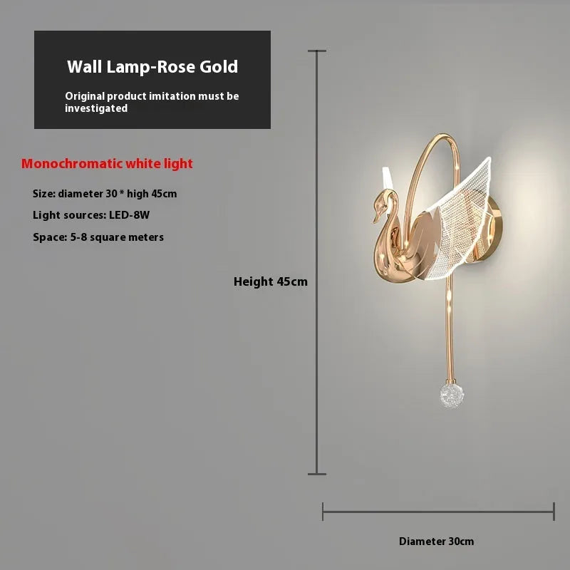 Gold modern minimalist swan design bedroom wall lamp with acrylic shade and iron frame