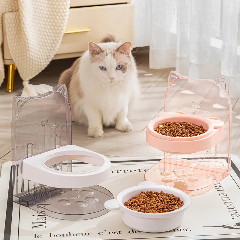 Grey cat bowl with anti-spill cage and cat ear neck protection for pets