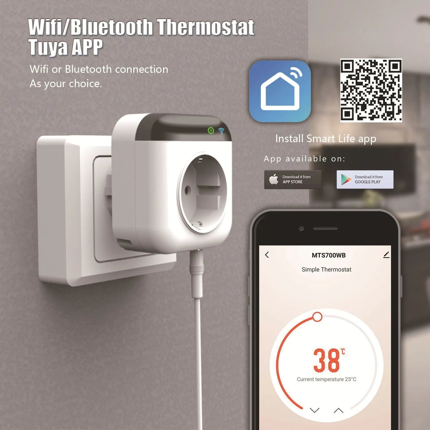 White Tuya smart temperature control socket with US 3-pin plug and external temperature sensor probe.