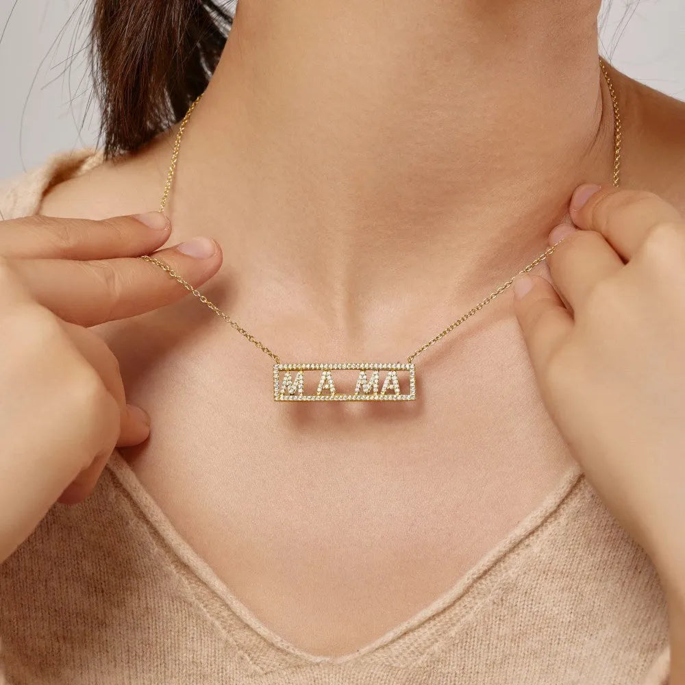 Women's 925 silver MAMA letter necklace with inlaid zircon stones, gold finish, simple style