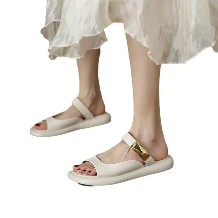 Women's apricot leather platform sandals with peep toe and rubber sole