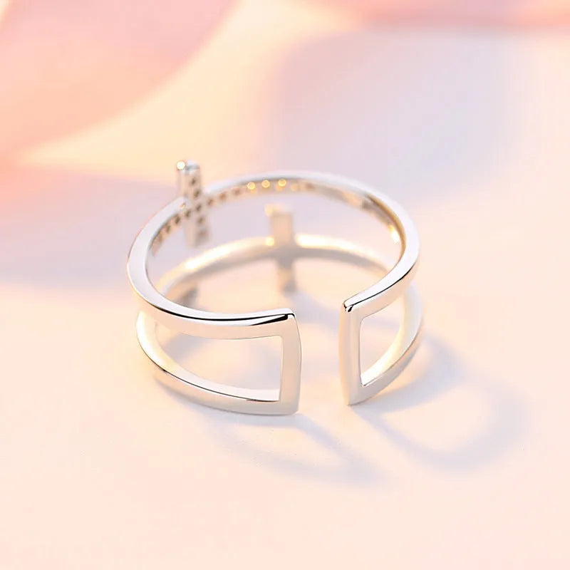 Adjustable double cross women's ring with zircon gemstones in copper band with electroplated finish