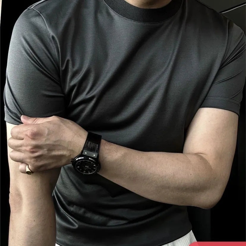 Ice silk soft breathable round neck short sleeve T-shirt in black front view on model