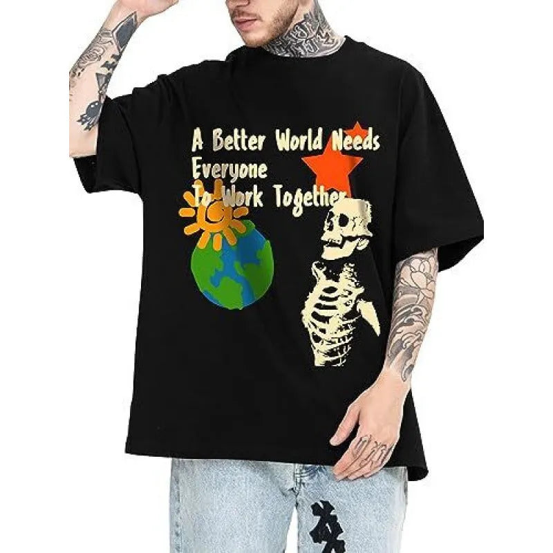 Man wearing a digitally printed short-sleeved polyester sports T-shirt in a casual streetwear style.