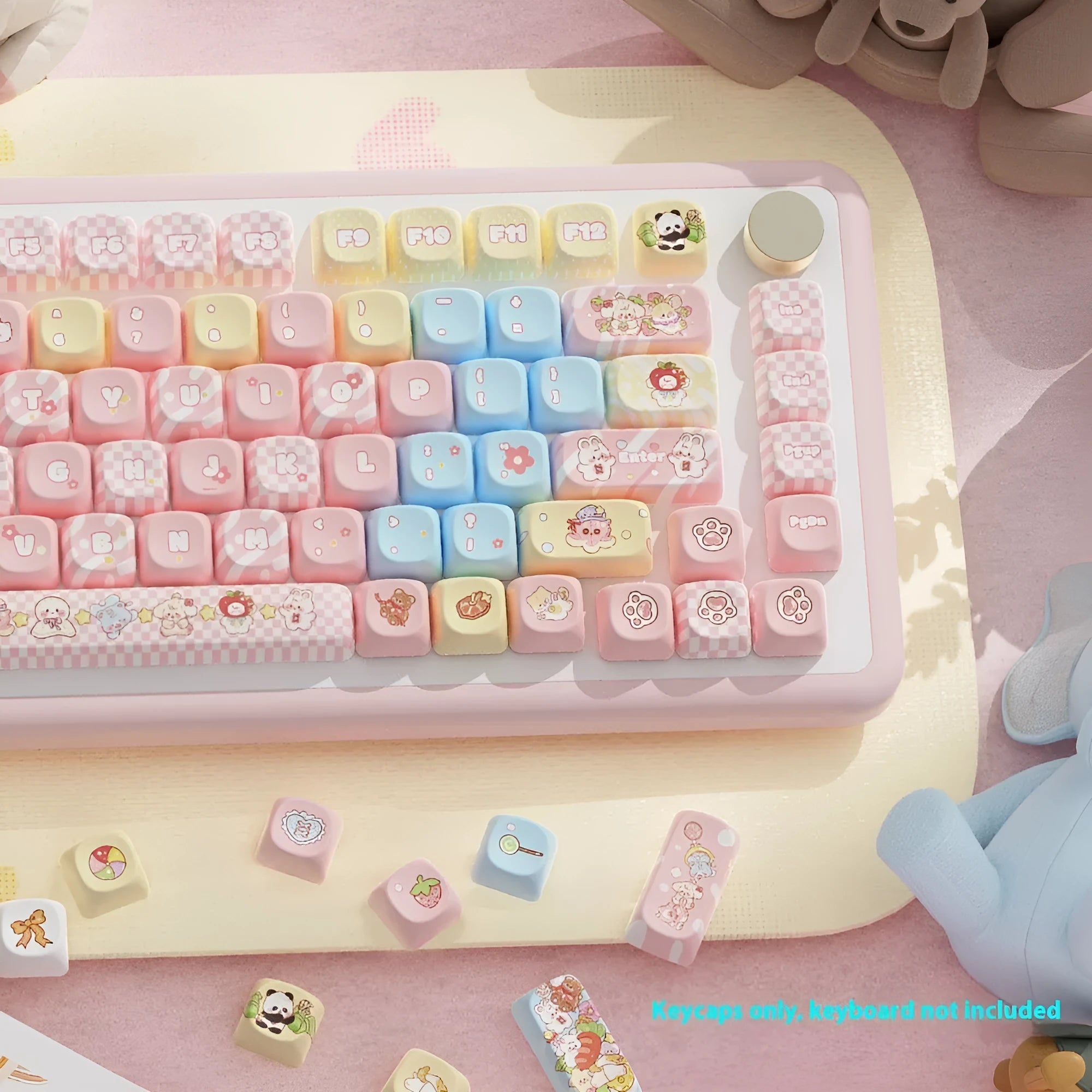 Full set of Doll character themed mechanical keyboard keycaps with sublimation printing laid out.