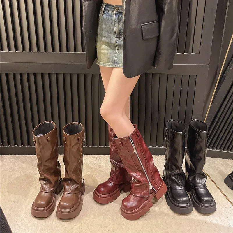 Platform Muffin Pants Martin Boots ankle boots in black, brown, and wine red with square heel
