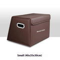 Folding car trunk storage organiser in waterproof leather, available in black, brown, and wine red colours with medium and small size options.