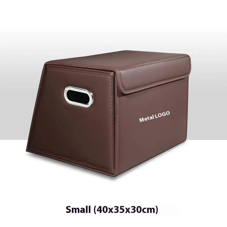 Folding car trunk storage organiser in waterproof leather, available in black, brown, and wine red colours with medium and small size options.