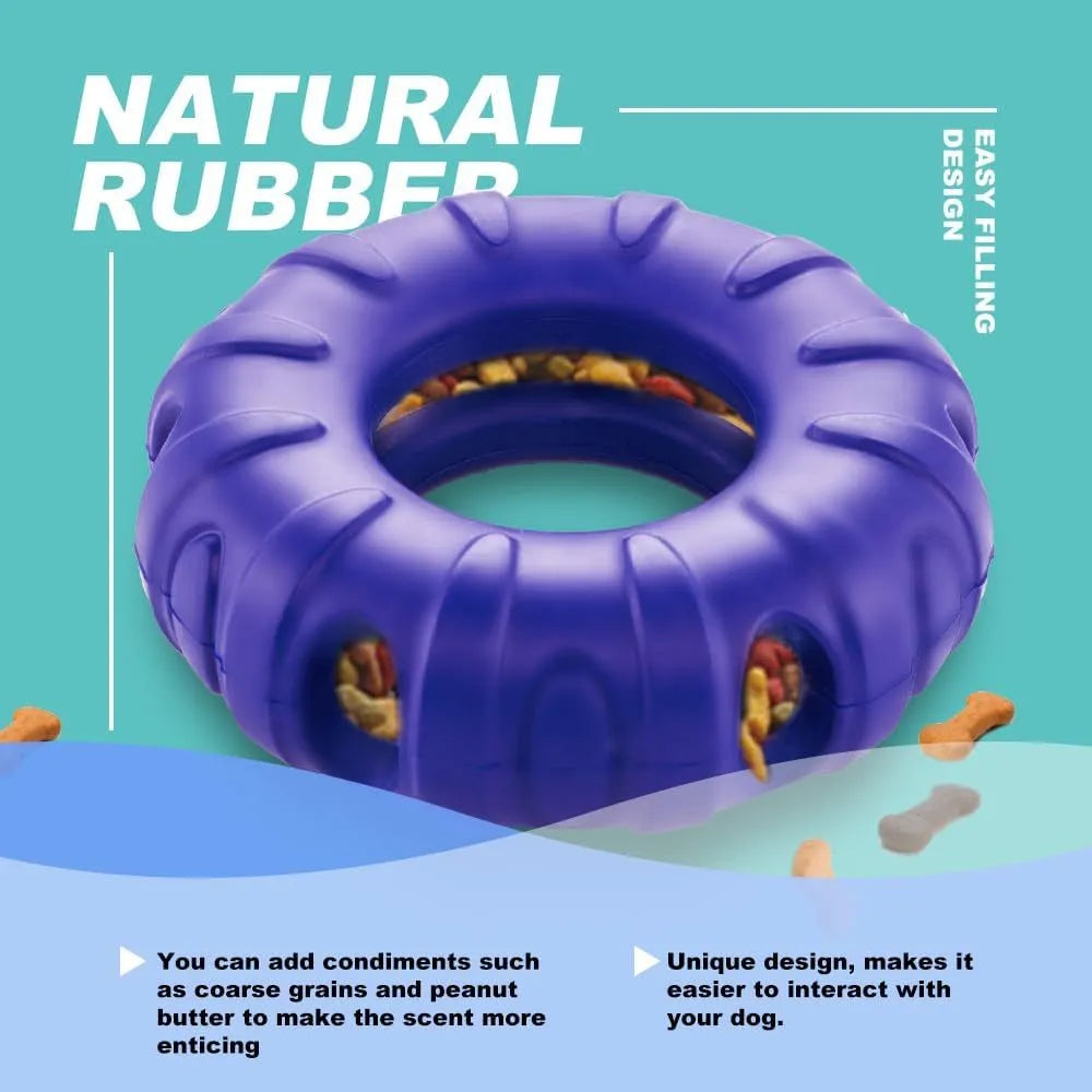 Blue tyre-shaped dog chew toy with oval openings for treat dispensing
