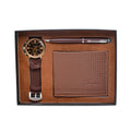 Creative holiday gift set showing wallet, pen, and watch in elegant gift box in black or brown colour