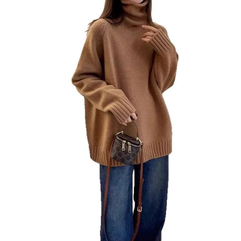 Women's loose turtleneck sweater with a thick curling pile collar in a solid colour