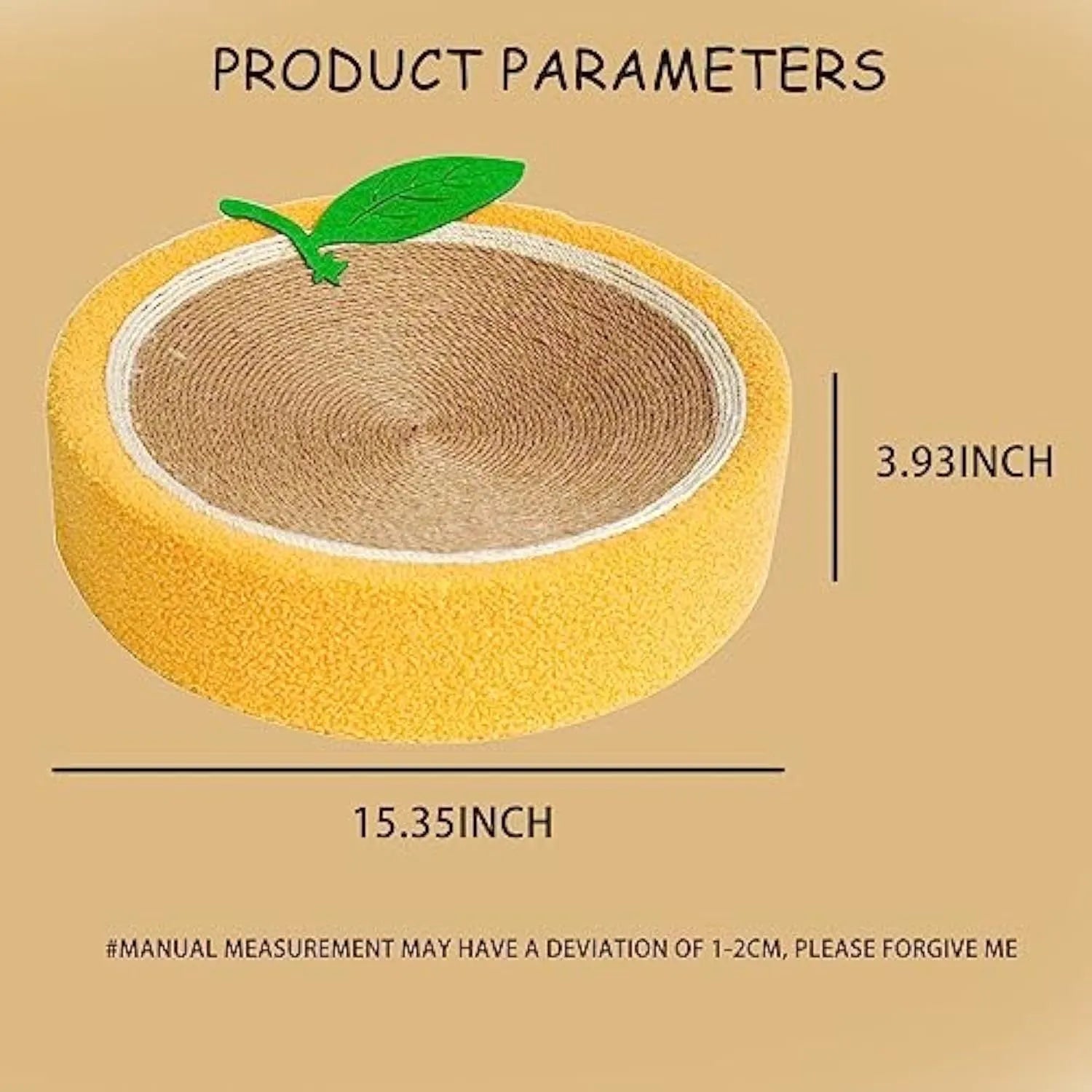 Yellow fruit-themed round sisal cat scratching board and bed for small cats.