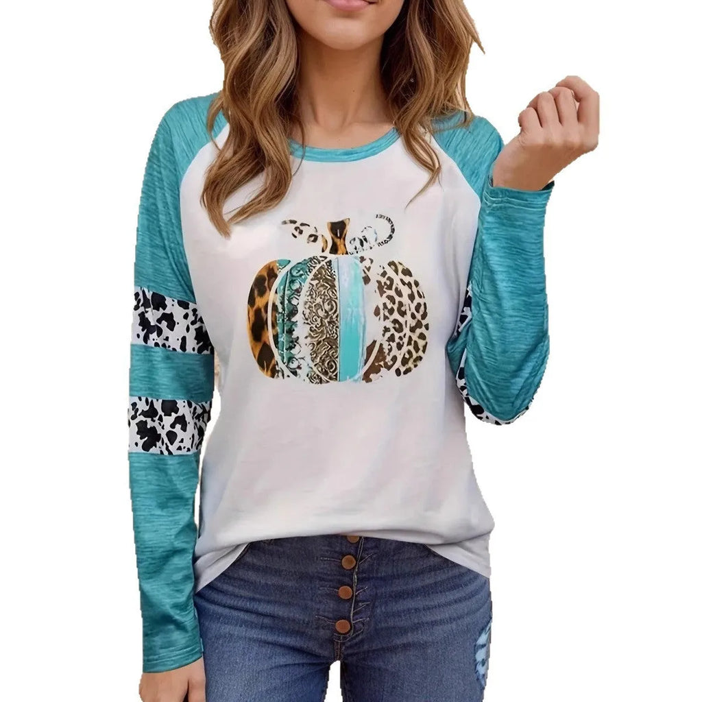 Sky blue Halloween T-shirt with detailed pumpkin digital print showing front view