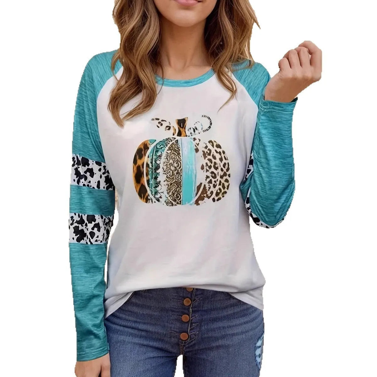 Sky blue Halloween T-shirt with detailed pumpkin digital print showing front view
