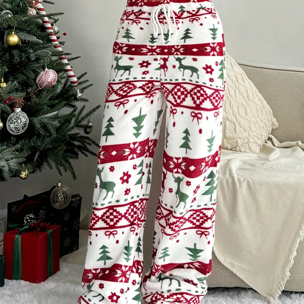 White floral print loose straight trousers for women, polyester fibre, Christmas plush style