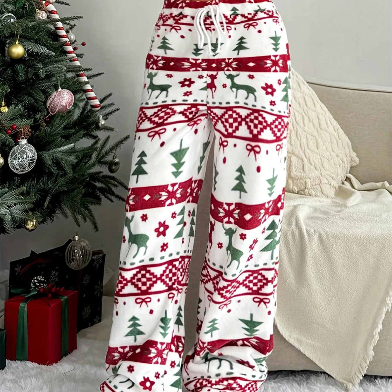 White floral print loose straight trousers for women, polyester fibre, Christmas plush style