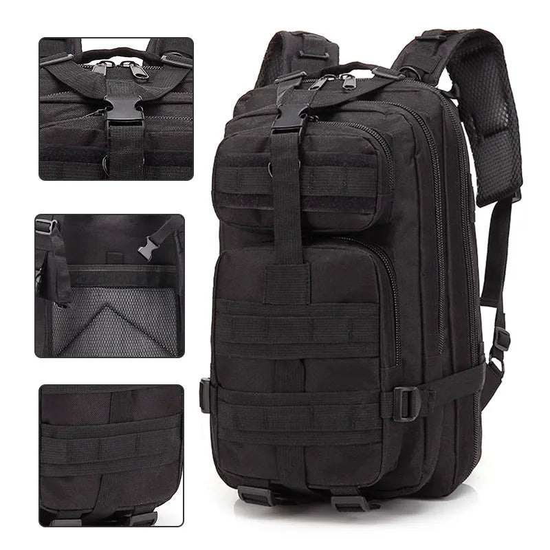Large khaki coloured off-road hiking backpack with air pillow belt system on a rocky outdoor trail.