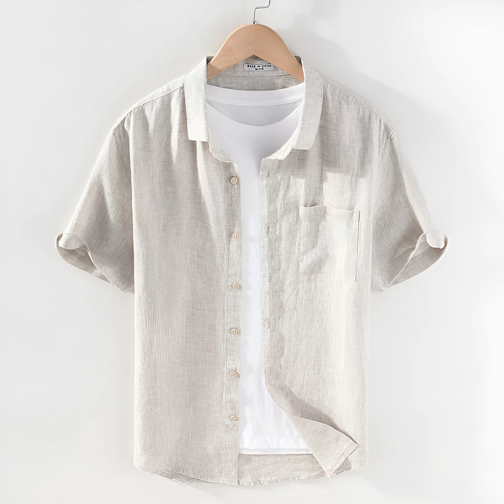 Men's square collar short sleeve linen shirt in cardigan style, shown in raw jute colour.