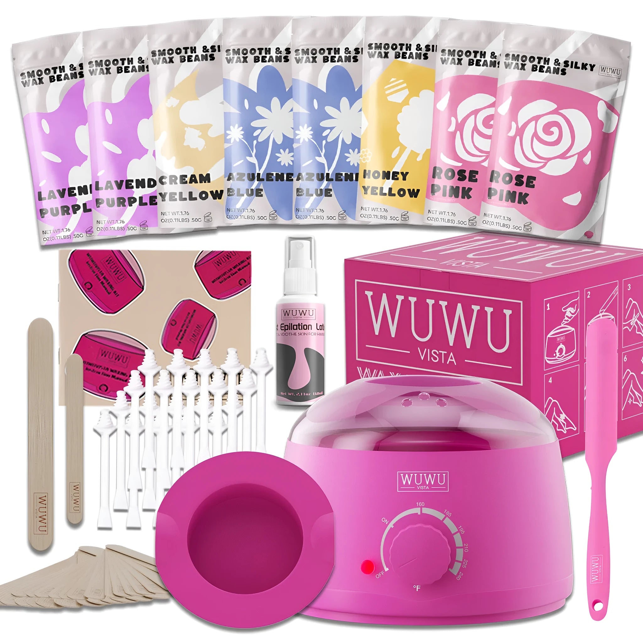 WUWUVISTA 63-piece waxing kit with black wax warmer, wax beads, application sticks and lotion