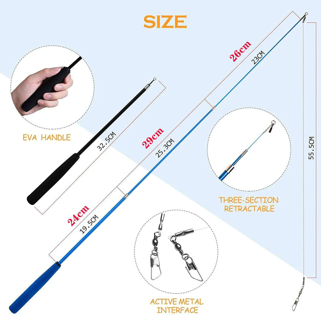 Three-section cat fishing rod with feather teaser and ten replacement heads in packaging