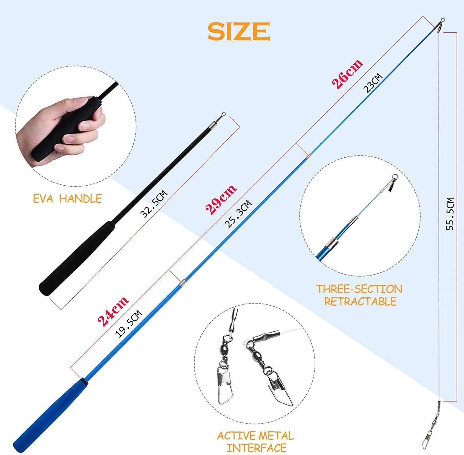 Three-section cat fishing rod with feather teaser and ten replacement heads in packaging