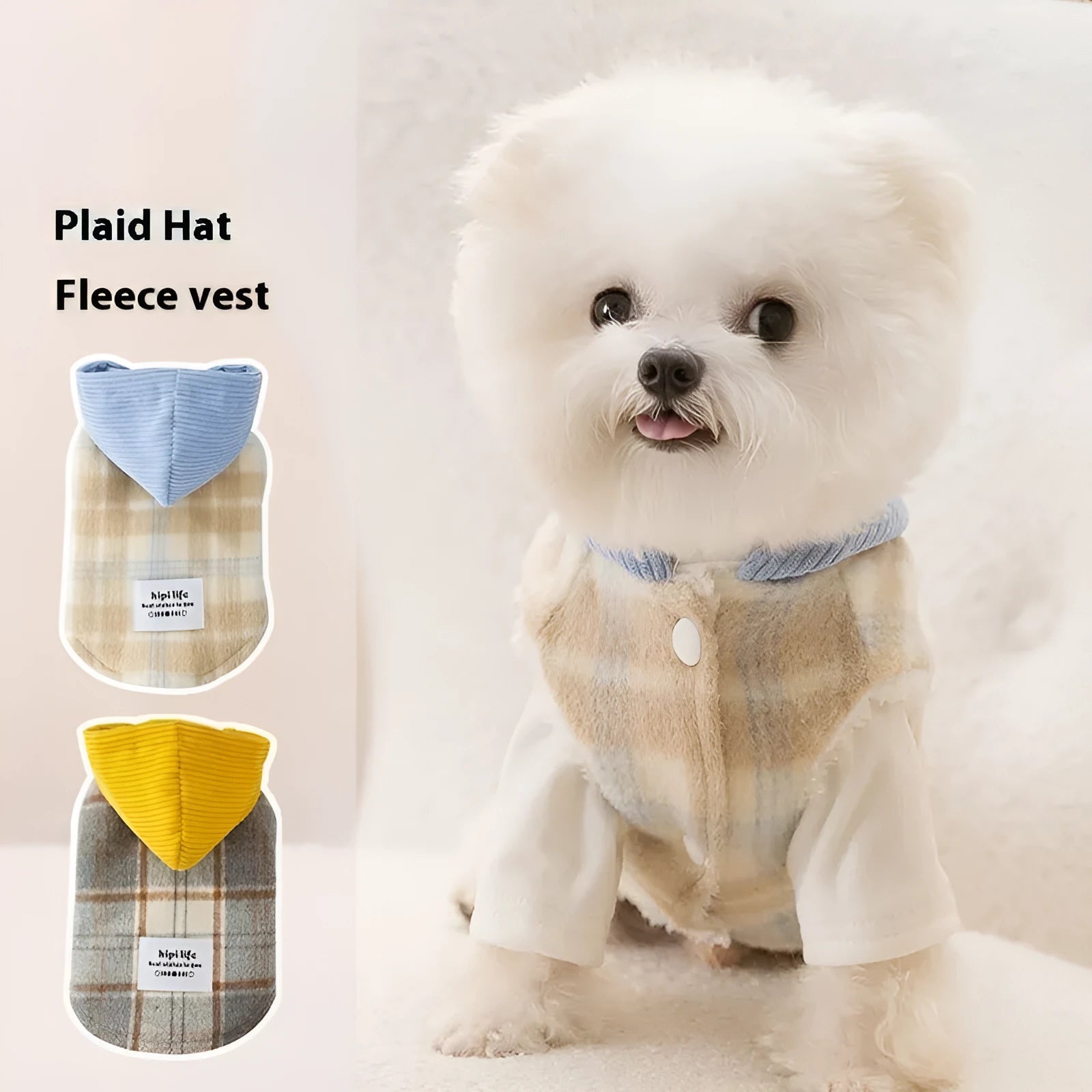 Blue corduroy dog hooded vest with chessboard grid pattern and traction hood design
