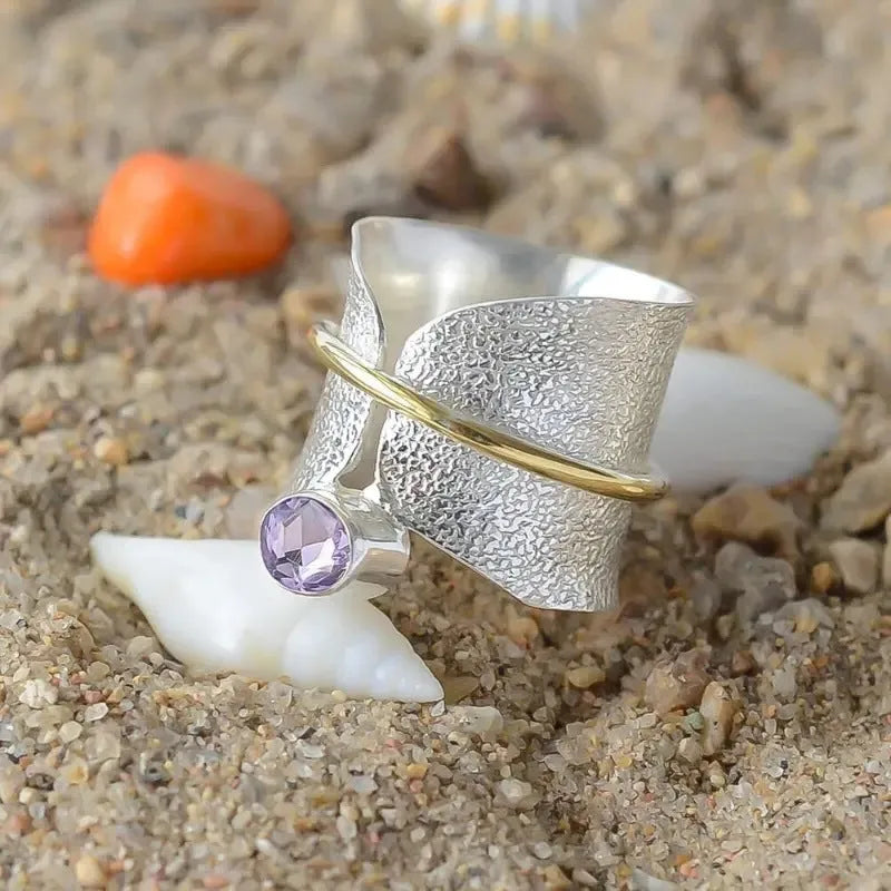 Alloy ring with irregular frosted inlaid watercolour gemstone, electroplated finish, available in sizes No 6 to No 12