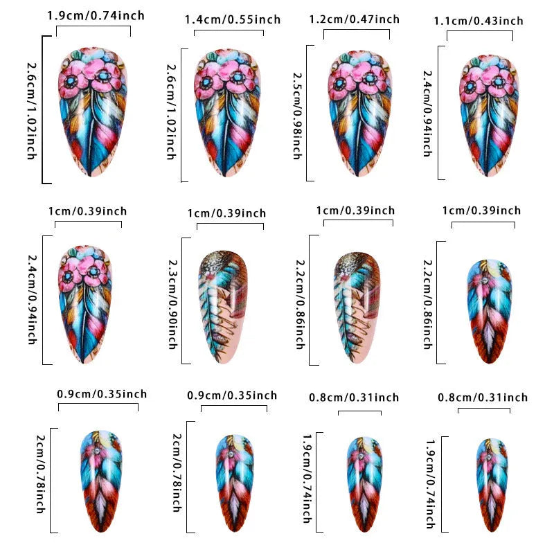Plastic nail art set with coloured feather armour, butterflies, hearts, and floral patterns for retro manicures.