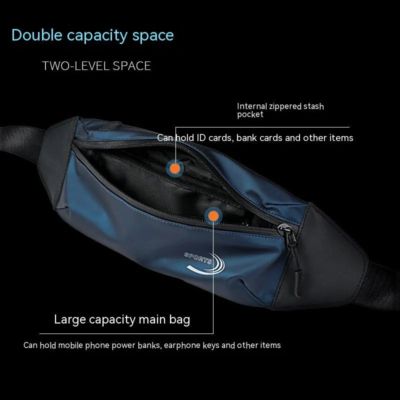 Men's black waterproof sports waist bag with waist strap showing compact design