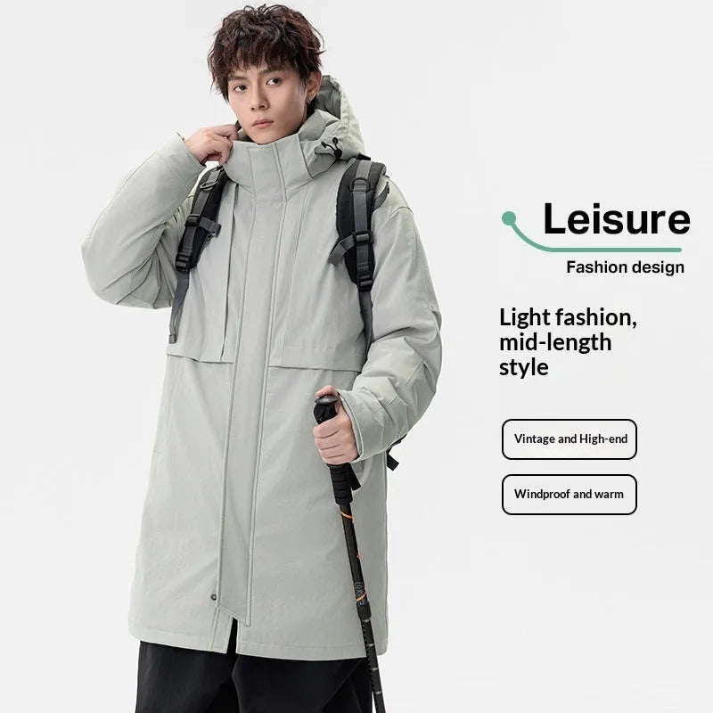 Men's loose windproof warm coat in black, side view, thickened polyester fibre with cotton lining, side pockets, cardigan style