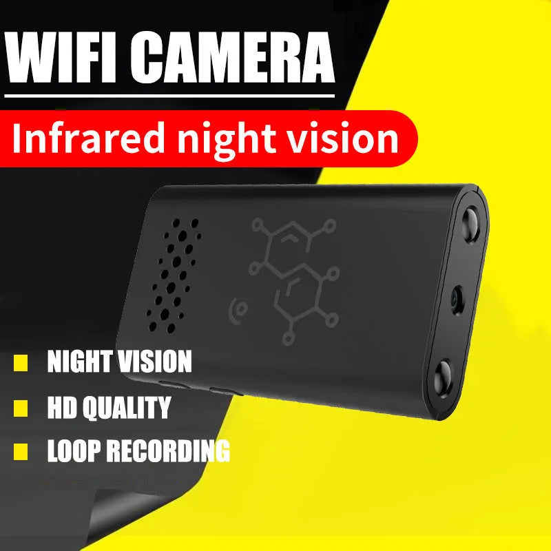 Black WiFi security camera with mobile phone showing live video feed for indoor monitoring