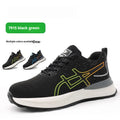 Low-cut black and blue safety shoe with mesh upper and rubber tendon construction.