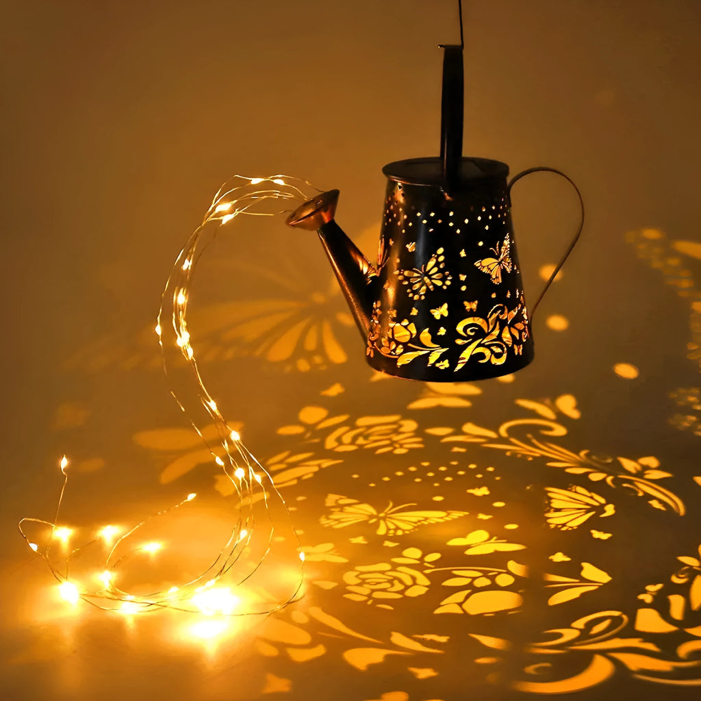 Solar garden lamp with tapered butterfly pattern in iron construction, warm white LED light