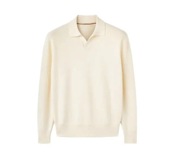 Men's pure wool polo sweater with lapel collar in milky white and navy blue colours