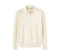 Men's pure wool polo sweater with lapel collar in milky white and navy blue colours