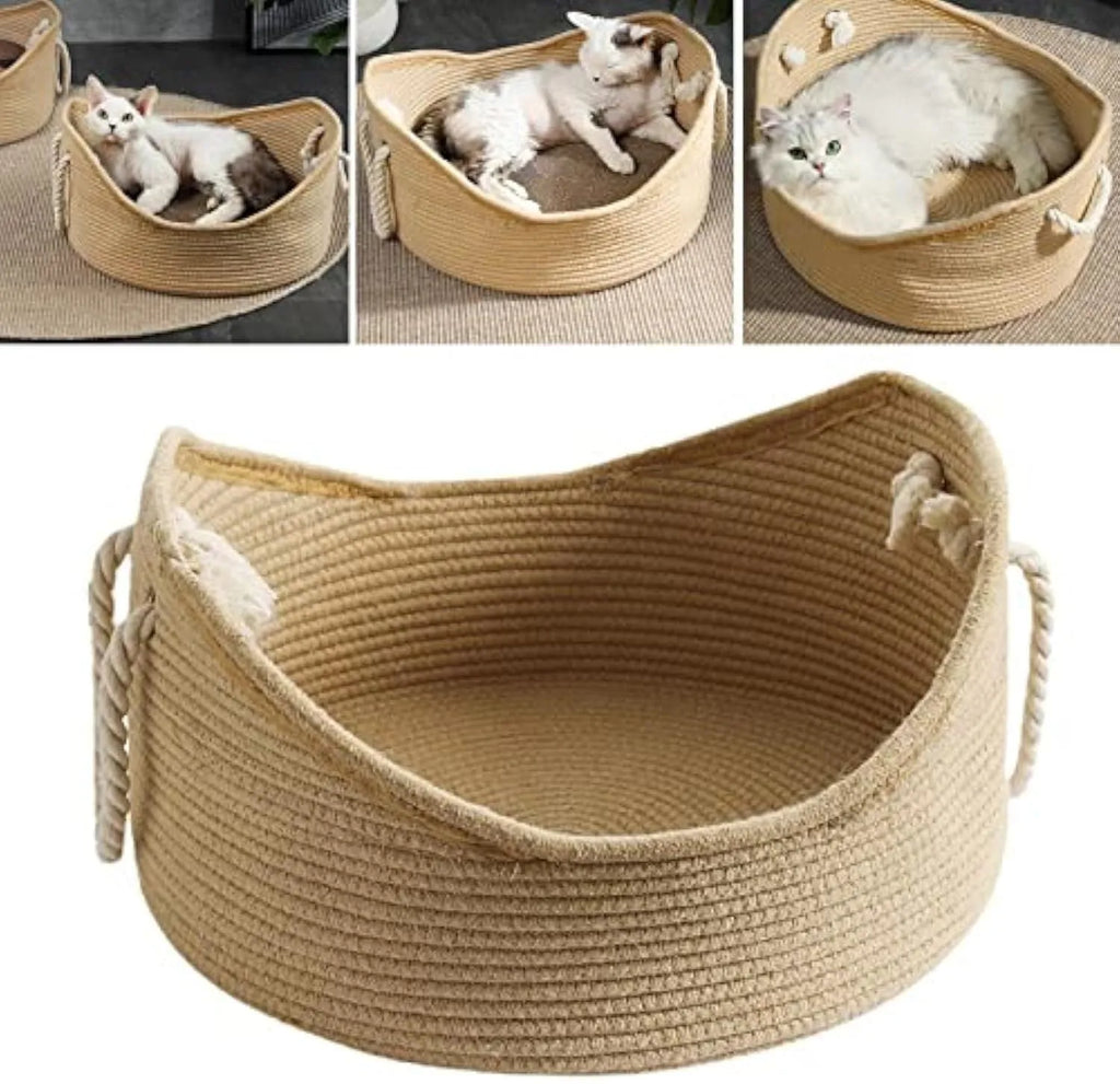 Square wicker cat basket bed with integrated corrugated cardboard scratching panel