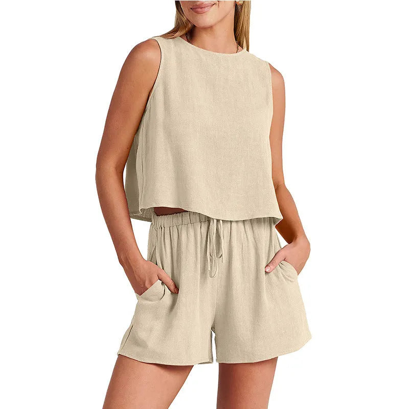 Women's summer two-piece set showing sleeveless rayon linen top with matching drawstring shorts