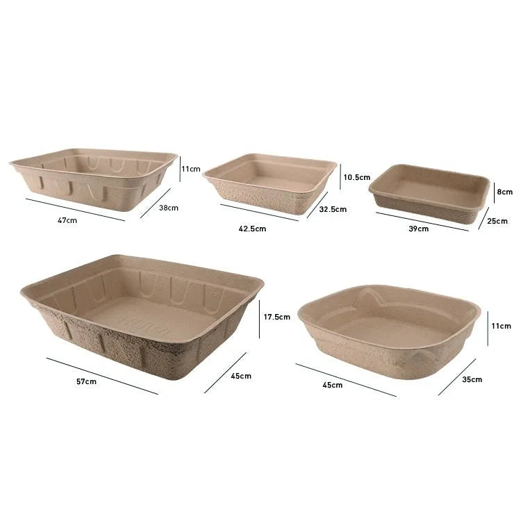 Brown disposable biodegradable cat litter box shown in three different size variants.
