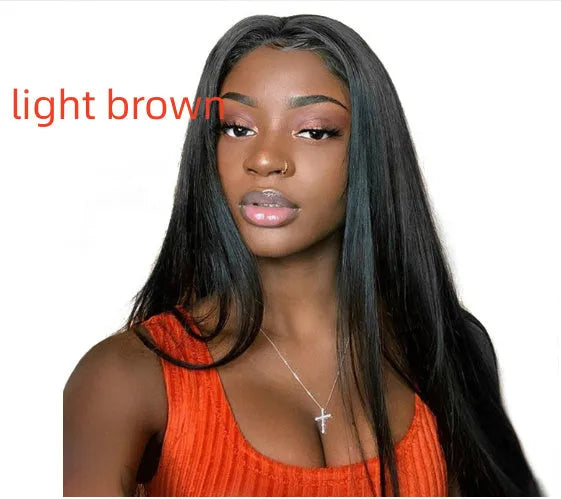 Long black straight synthetic wig with centre-parted bangs on a wig stand.