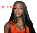 Long black straight synthetic wig with centre-parted bangs on a wig stand.