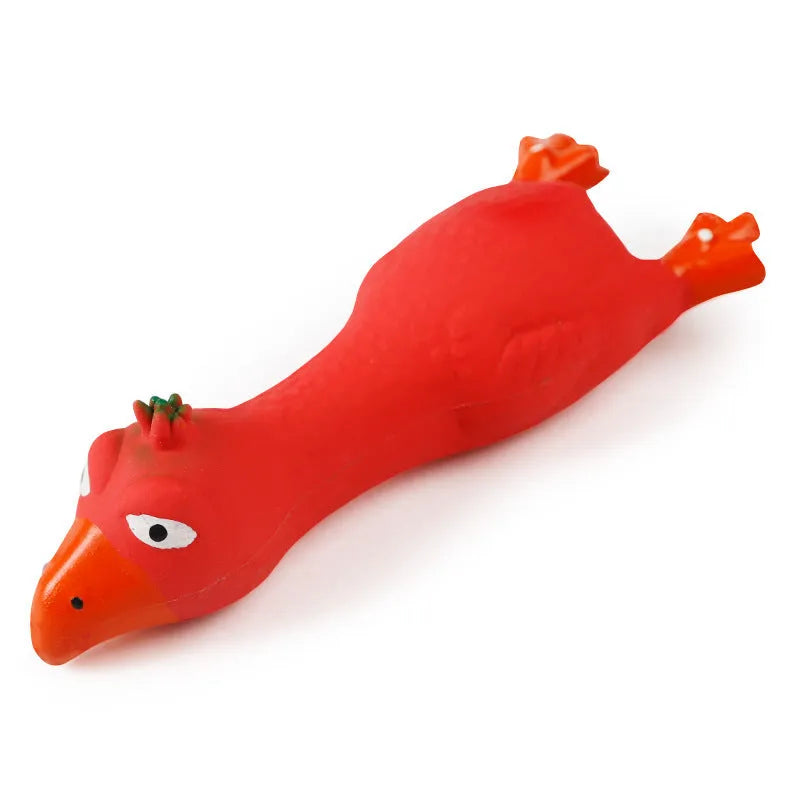 Red latex duck pet sound toy on white background, approximately 15cm long