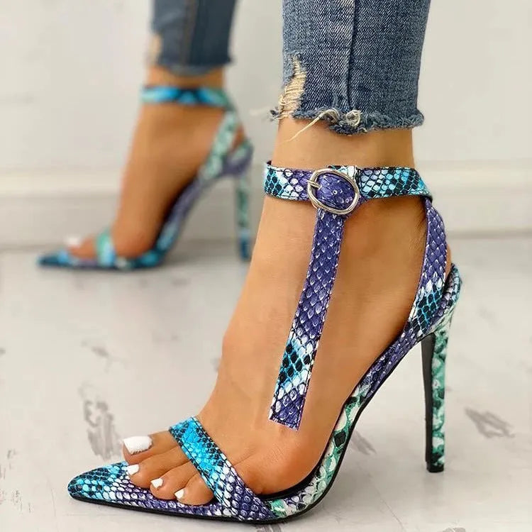 Blue women's high heel shoes with hollow-out design and buckle fastening, shown in large sizes.