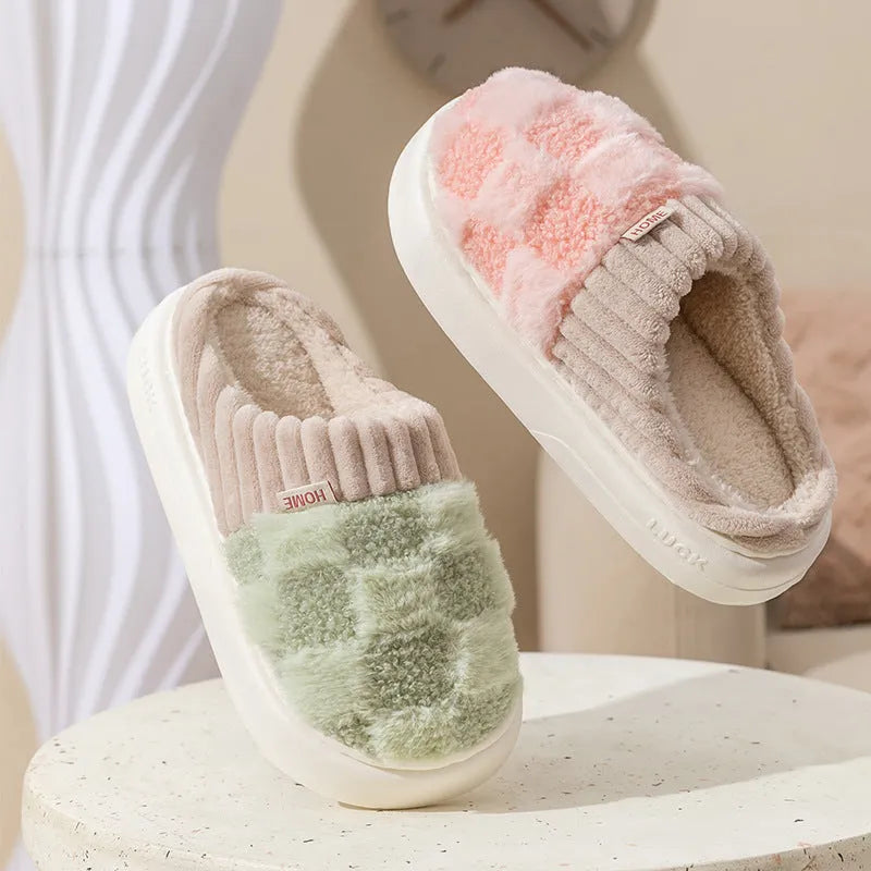 Women's plaid pattern plush slippers with a non-slip PVC sole, shown in a choice of colours.