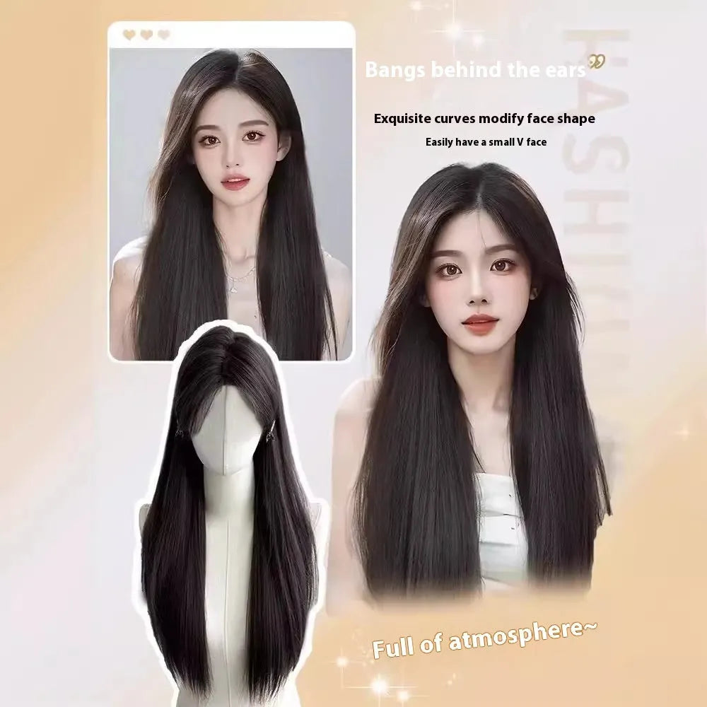 Black long straight full-head synthetic wig with lace front and side bangs.