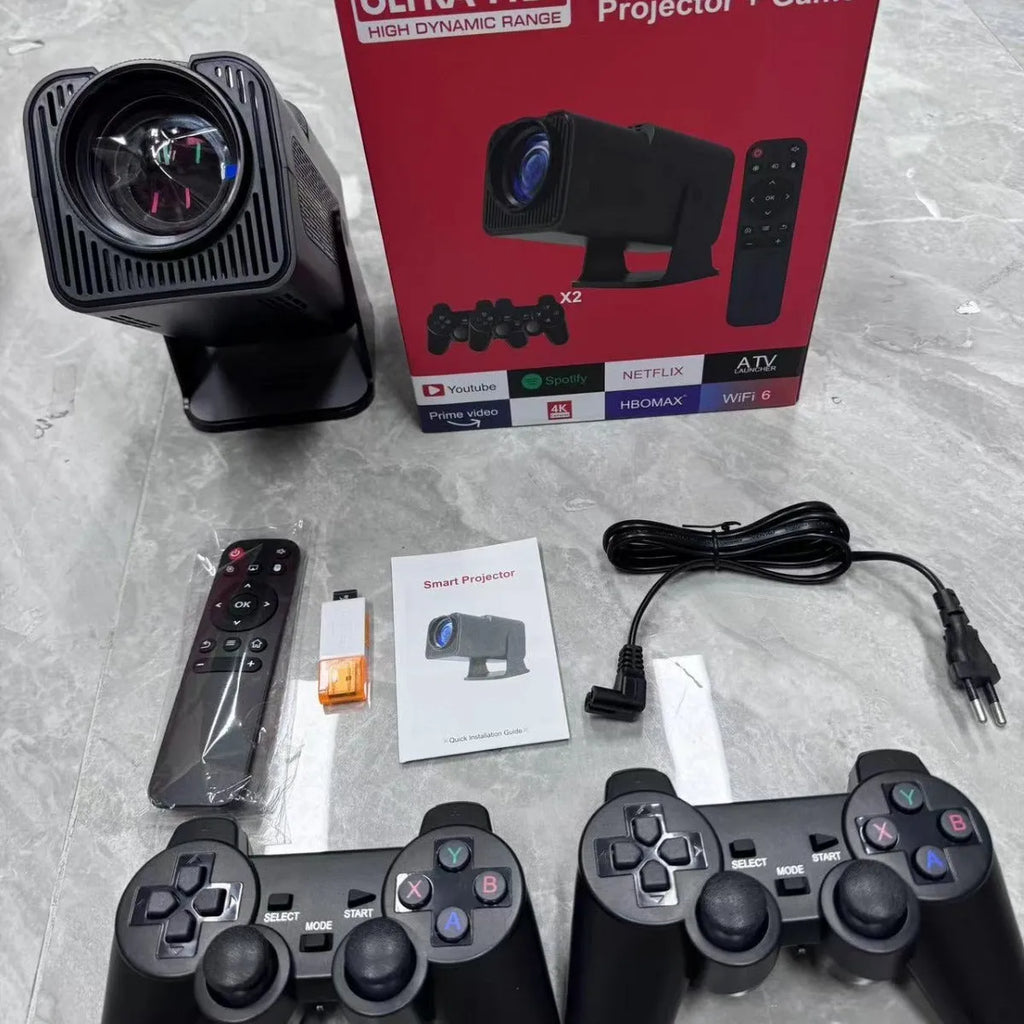 Home projector with wireless capability and screen handle for gaming and entertainment projection