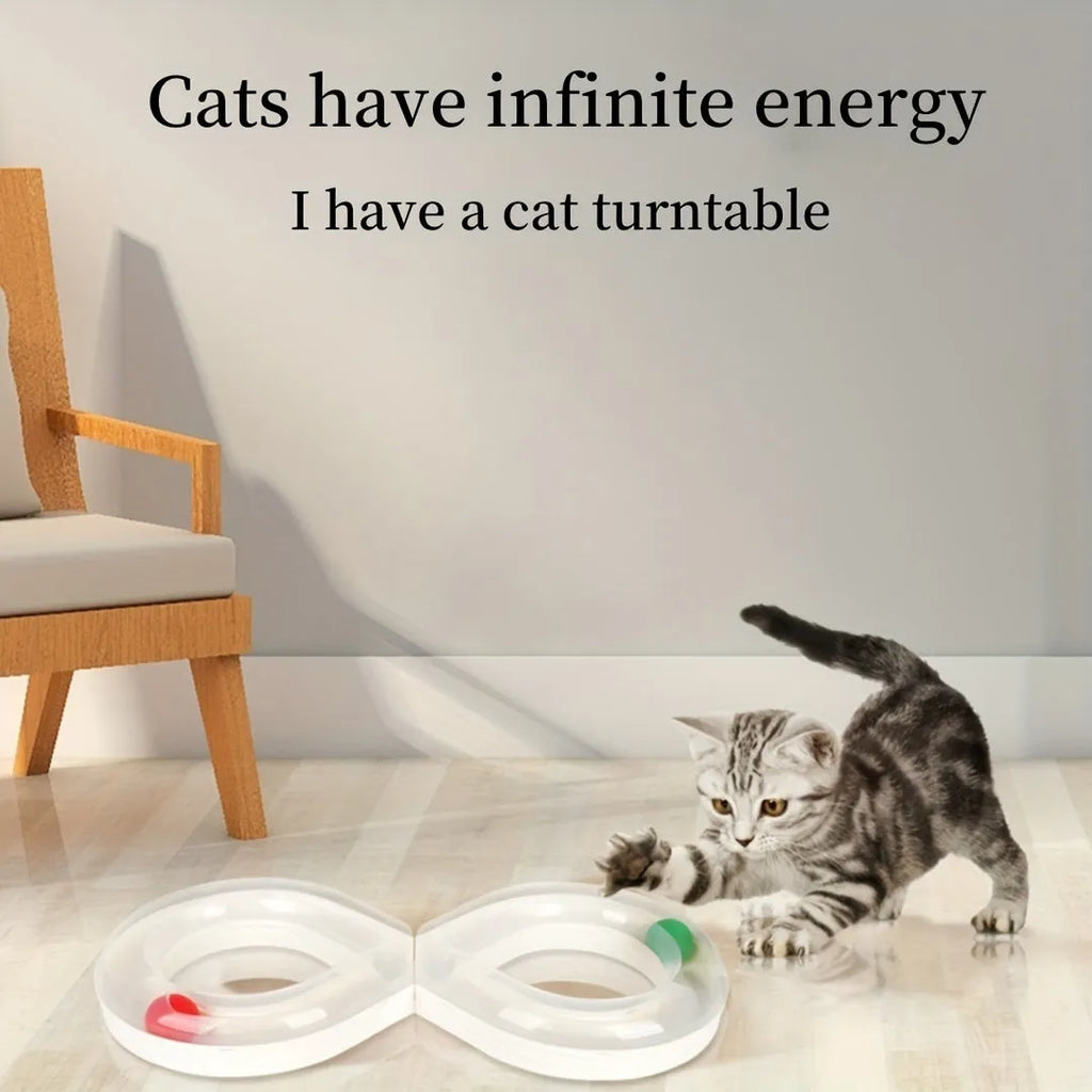 Blue and white cat turntable track toy with self-hi motion system and teasing wand