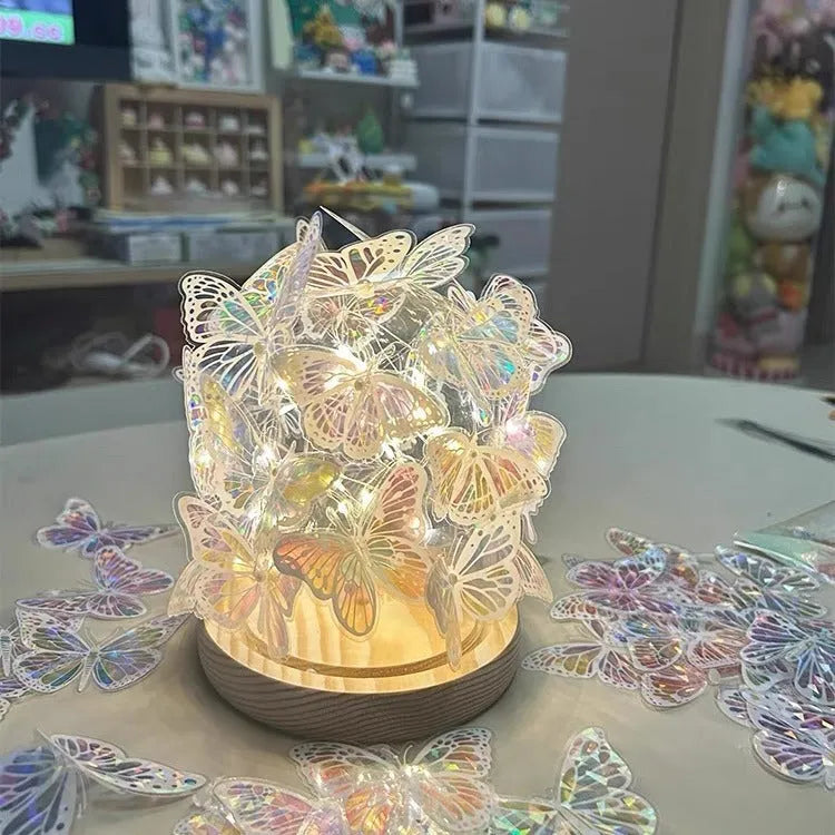Butterfly night lamp with glass shade on raw wood base for bedside bedroom lighting
