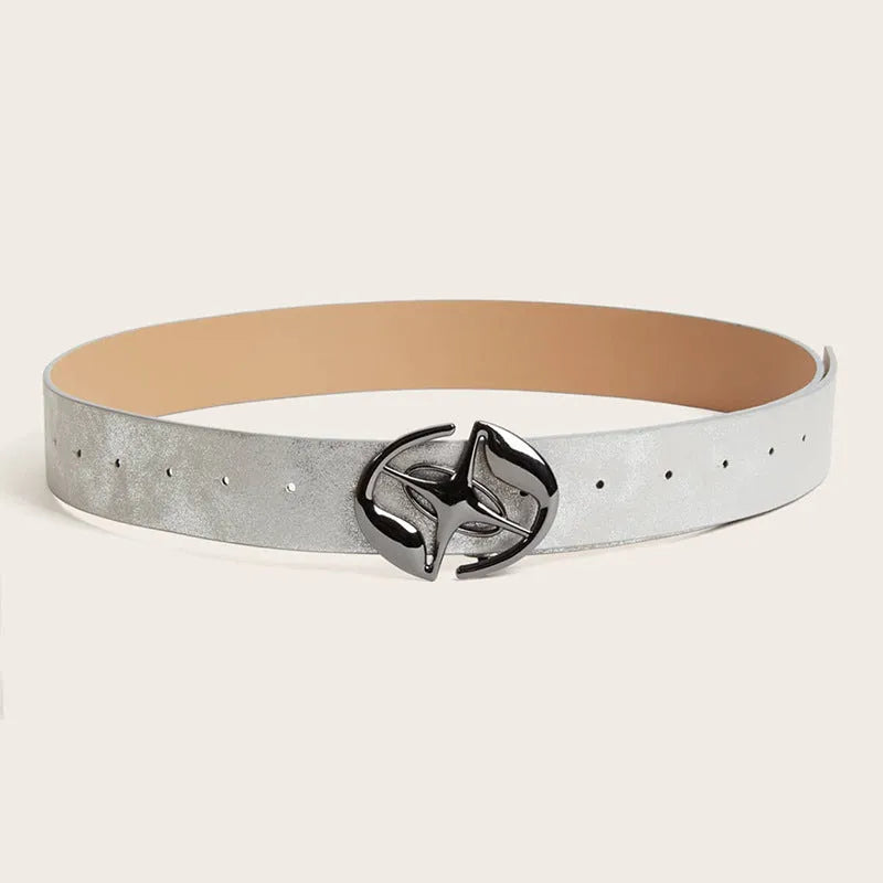 Retro style womens belt with oval alloy buckle on thick 4cm wide PU leather strap in earth tone colour
