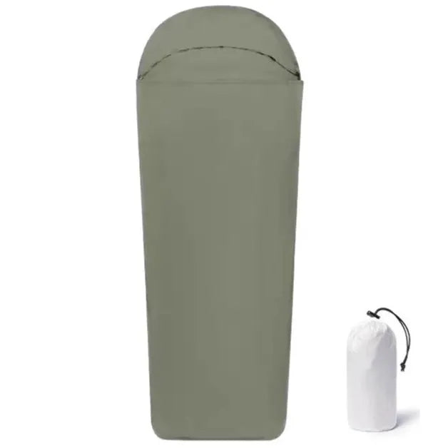 Adult blue nylon camping sleeping bag with mummy structure showing dimensions